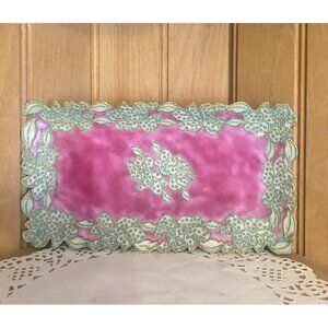 Vintage Pink Enamel Rectangular Cloisonne Decorative Tray Gold Accents Floral